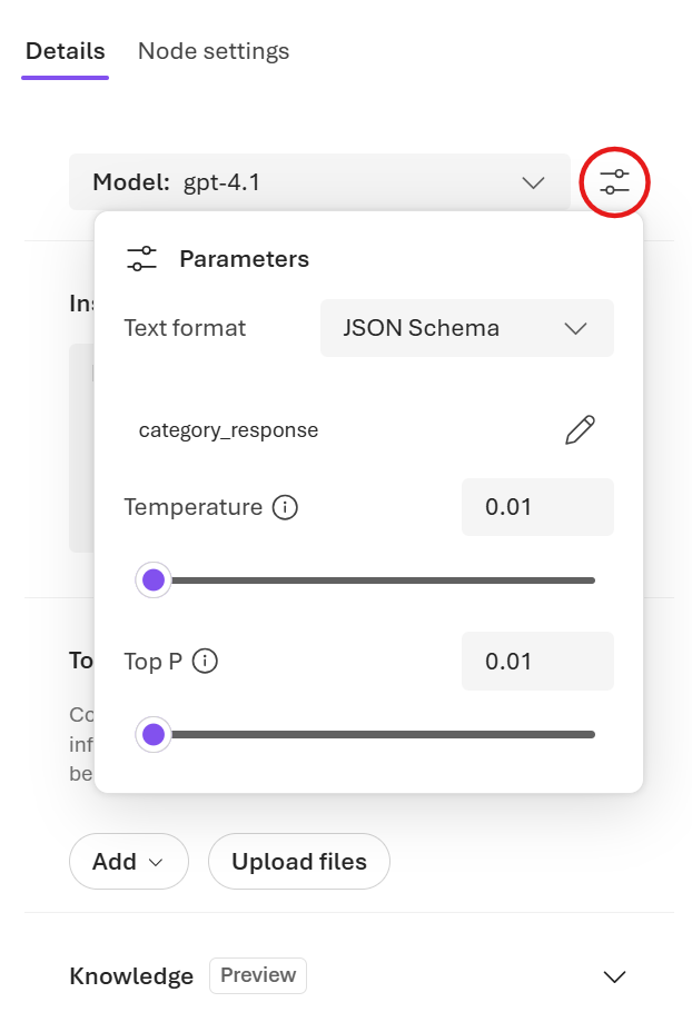 Screenshot of the Parameters button in the agent editor.