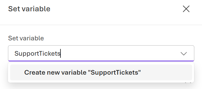 Screenshot of creating a new variable in the Set variable node.