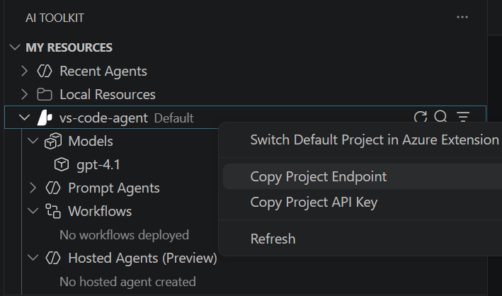 Screenshot of copying the project endpoint in the Foundry Toolkit VS Code extension.